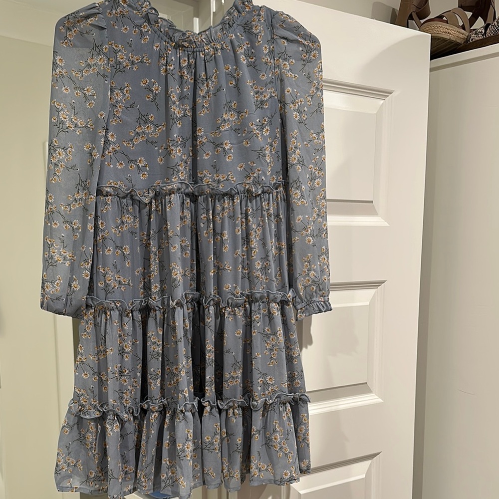 Gray Ruched Tiered Sundress with Bishop Sleeves
